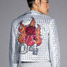 Front View Year Of The Tiger Silver Metallic Rhinestone Moto Jacket