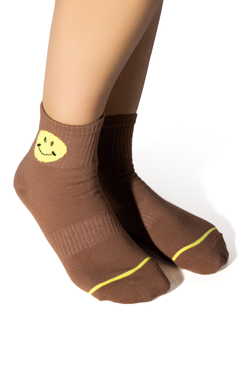 Front View Yellow And Tan Smiley Face Socks