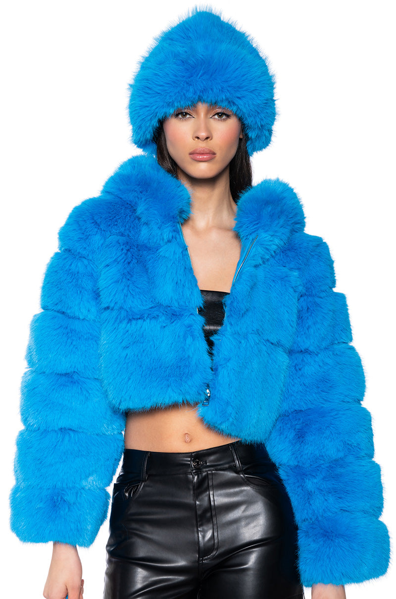 Detail View Yeti Faux Fox Fur Coat In Blue