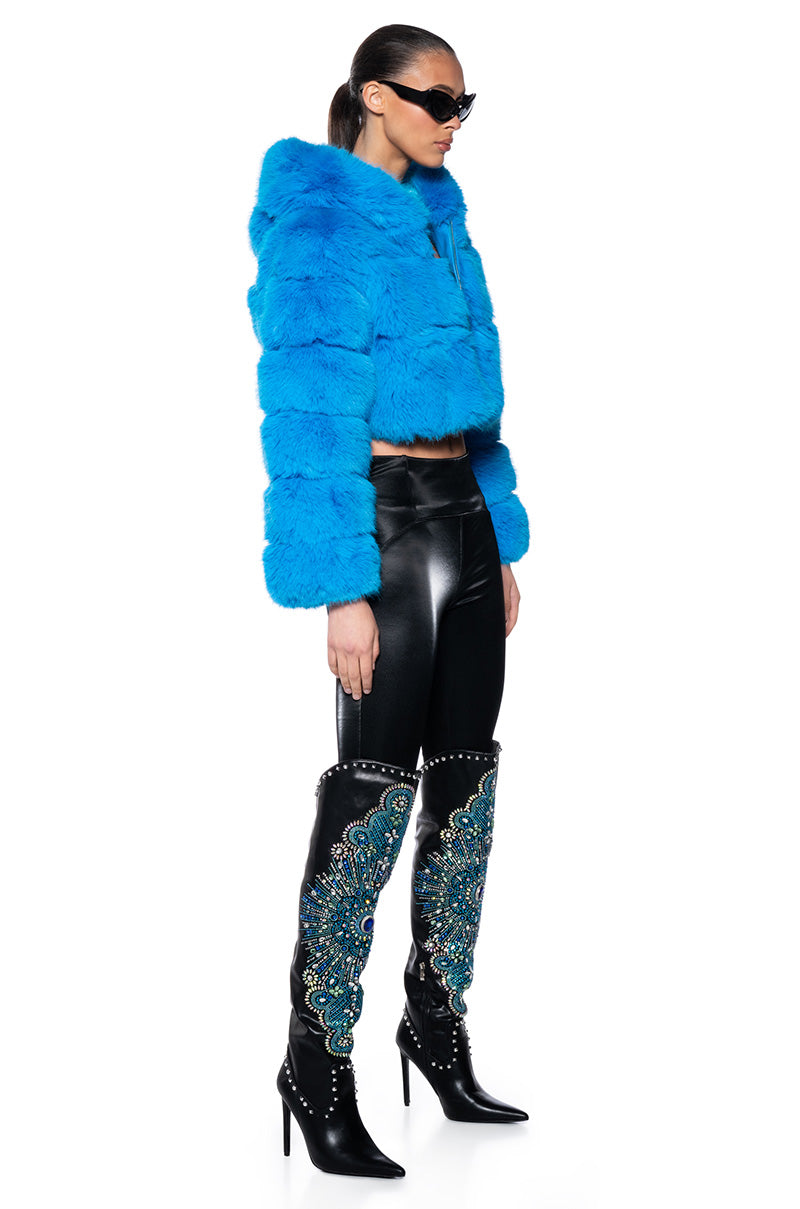 Extra View Yeti Faux Fox Fur Coat In Blue