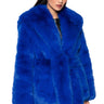 Front View Yeti Sharp Shoulder Faux Fur Coat In Blue