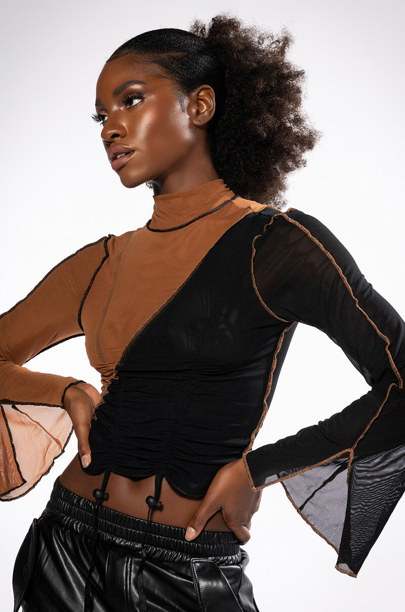 Front View Yin And Yang Long Sleeve Mesh Turtleneck Top