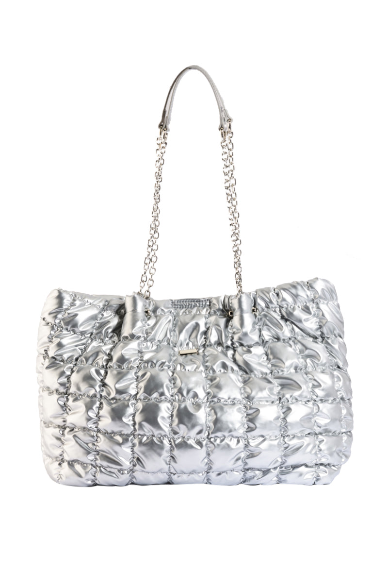 Side View Yona Quilted Puffer Tote Bag In Silver