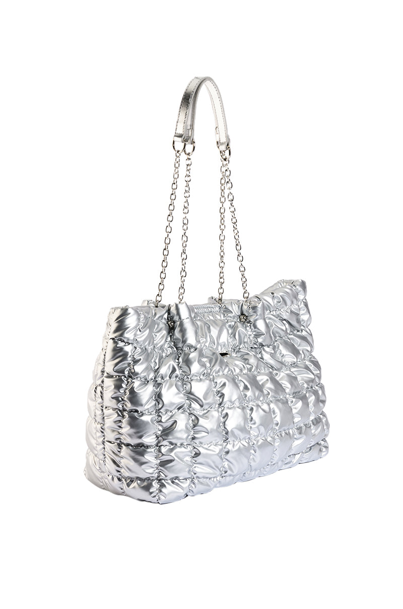 Back View Yona Quilted Puffer Tote Bag In Silver
