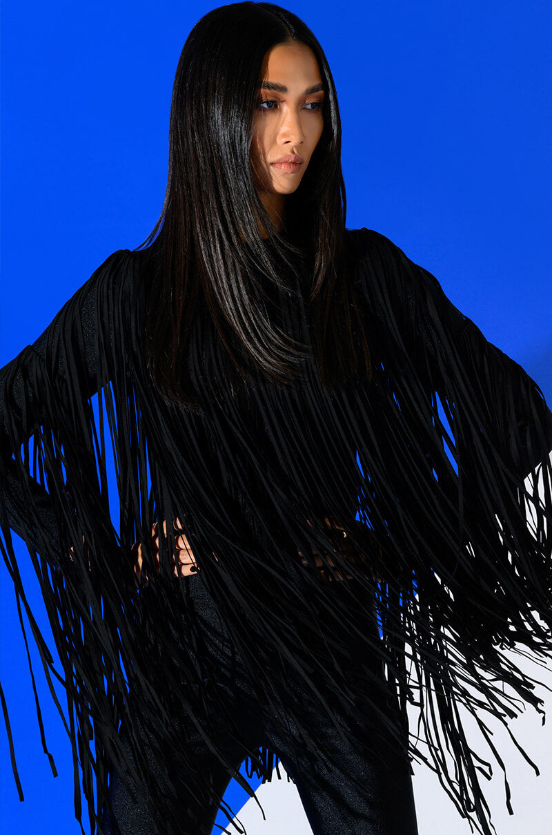 Front View You Are Trouble Long Sleeve Fringe Top