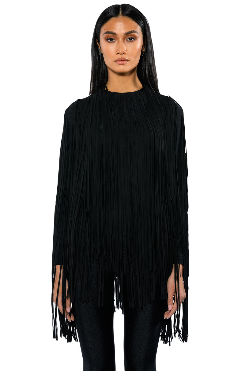 Back View You Are Trouble Long Sleeve Fringe Top