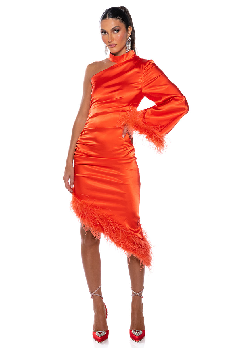 Front View You Love It Feather Trim Satin Midi Dress