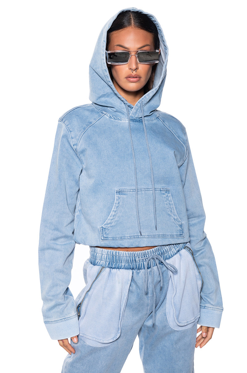 Front View You Oughta Know Denim Hoodie In Light Blue Denim