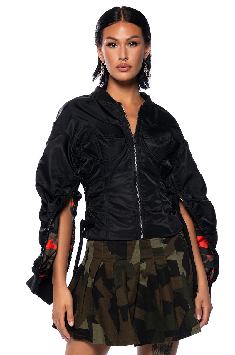 Front View Your Move Fitted Corset Bomber With Adjustable Side Lace Up Detailing In Black