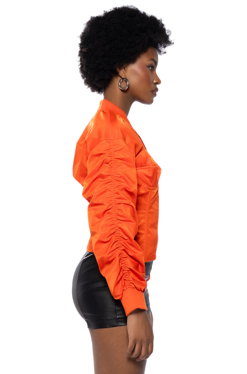 Full View Your Move Fitted Corset Bomber With Adjustable Side Lace Up Detailing In Orange view 5