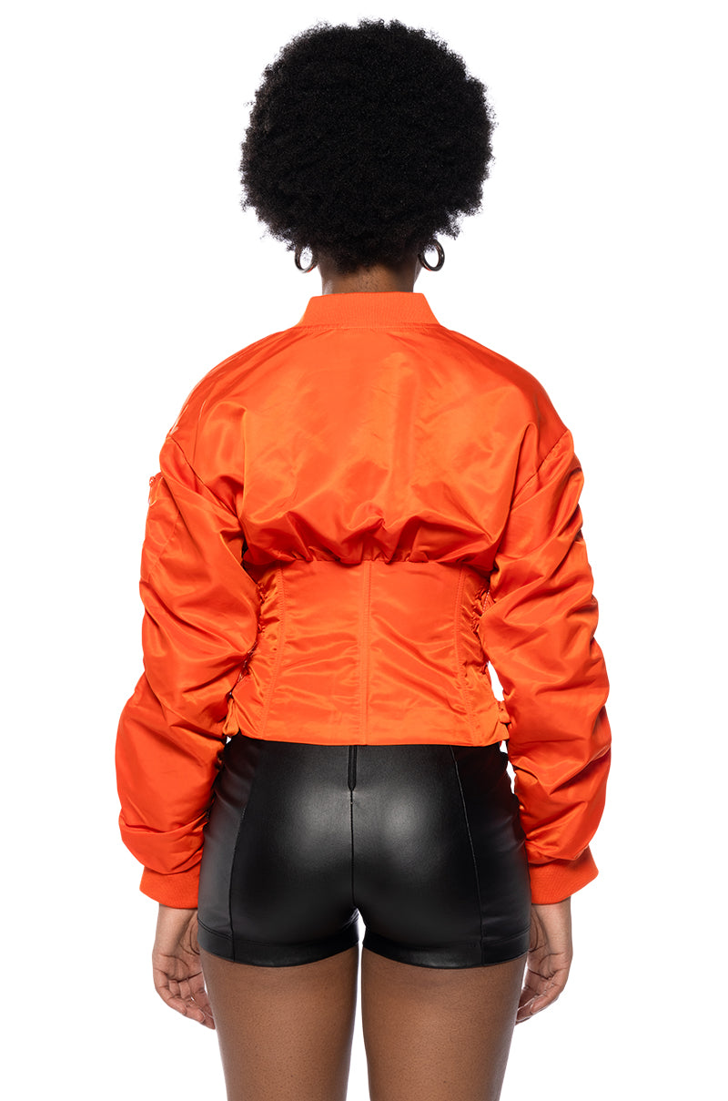 Extra View Your Move Fitted Corset Bomber With Adjustable Side Lace Up Detailing In Orange view 6