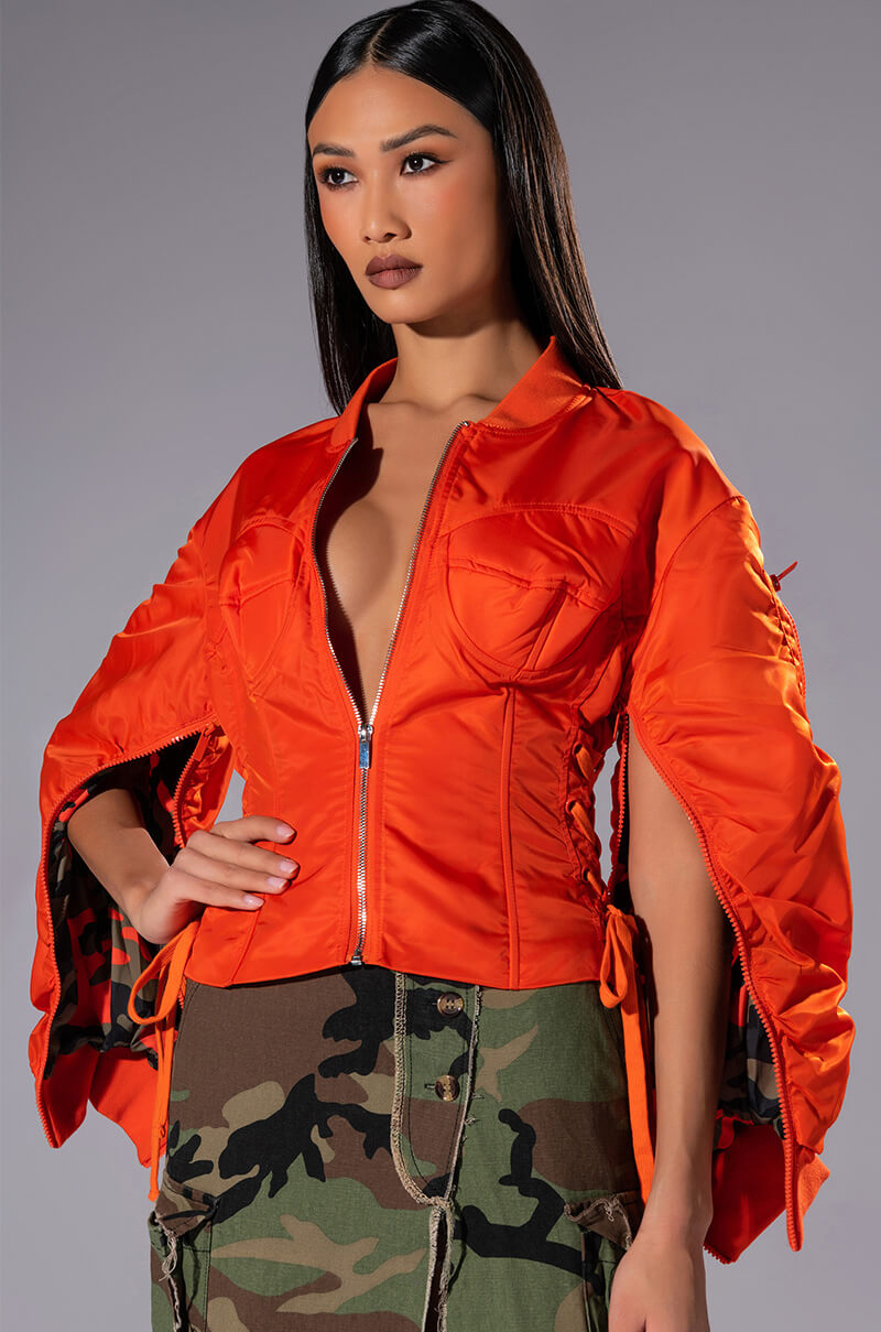 Front View Your Move Fitted Corset Bomber With Adjustable Side Lace Up Detailing