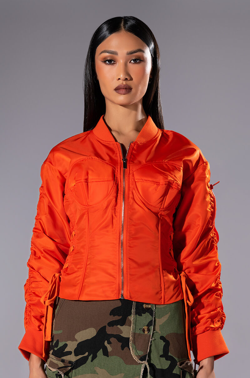 Back View Your Move Fitted Corset Bomber With Adjustable Side Lace Up Detailing