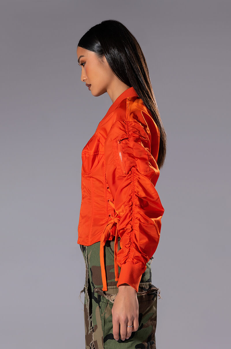 Detail View Your Move Fitted Corset Bomber With Adjustable Side Lace Up Detailing