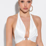 Front View Your Place Or Mine Satin Halter Bralette