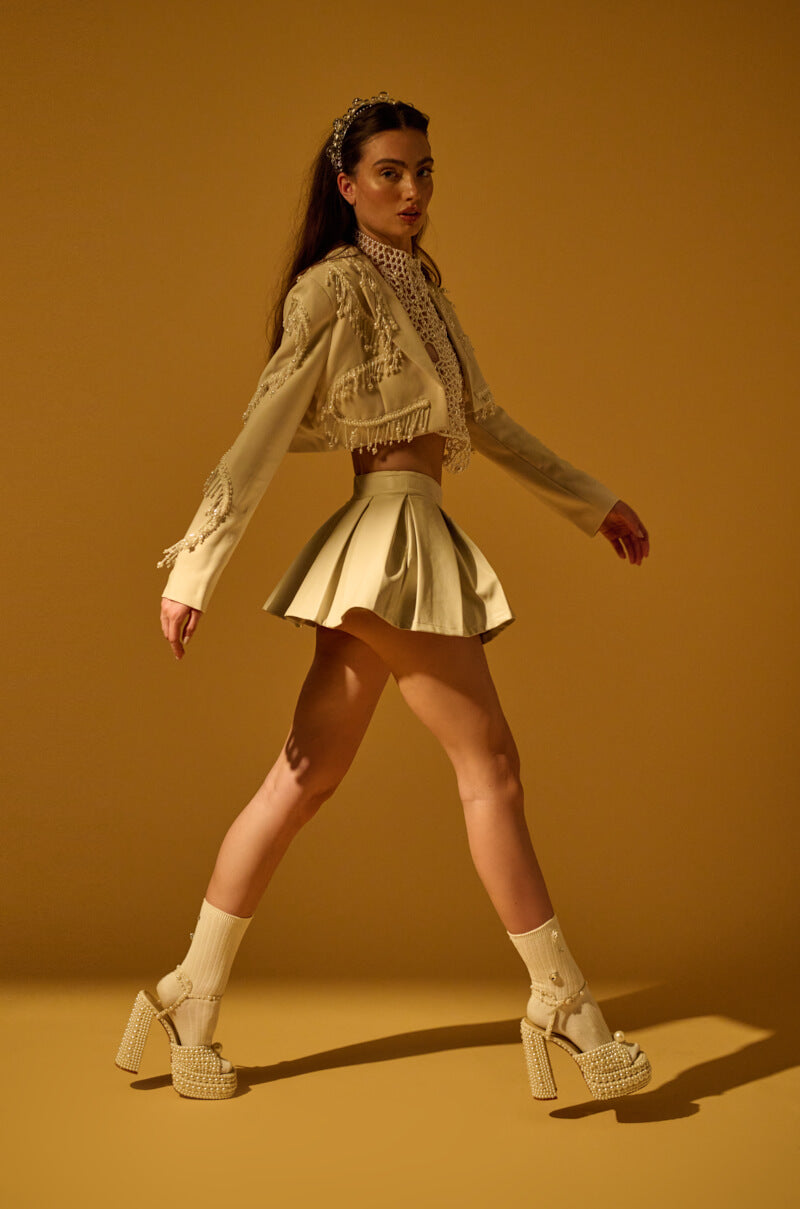 Extra View Yours Truly Faux Leather Micro Mini Skort In Ivory 7