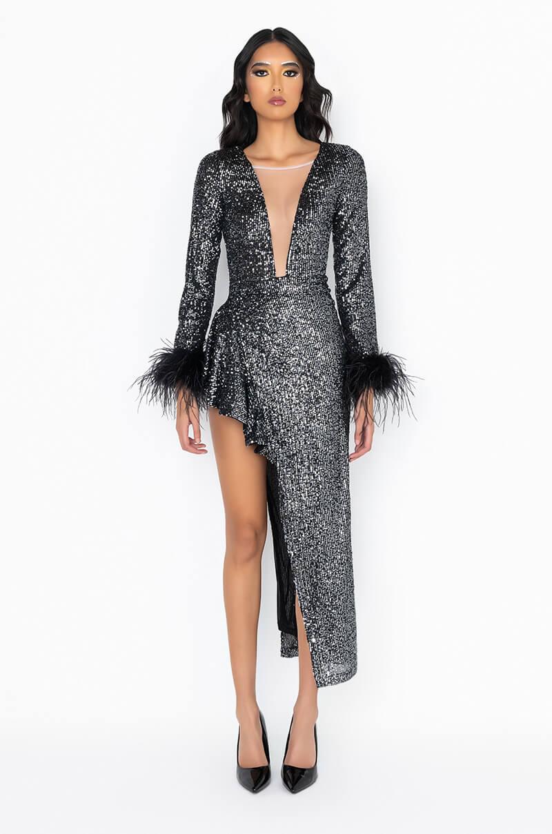YOURS TRULY HIGH LOW MAXI SEQUIN DRESS BLACK AKIRA YOURS TRULY HIGH LOW MAXI SEQUIN DRESS BLACK AKIRA