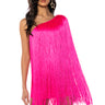 Front View Zasha One Shoulder Bandage With Fringe Mini Dress In Pink