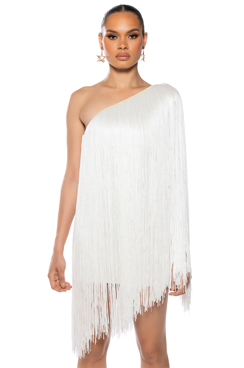Front View Zasha One Shoulder Bandage With Fringe Mini Dress In White