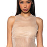 Front View Zelda Rhinestone Mesh Sleeveless Top In Brown