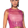 Front View Zelda Rhinestone Mesh Sleeveless Top In Fuchsia