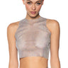 Front View Zelda Rhinestone Mesh Sleeveless Top In Silver