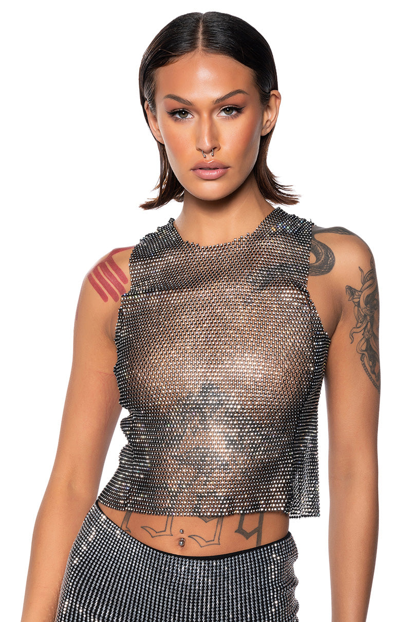 Front View Zelda Rhinestone Mesh Sleeveless Top