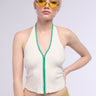 Front View Zip It Up Sleeveless Crop Top In White