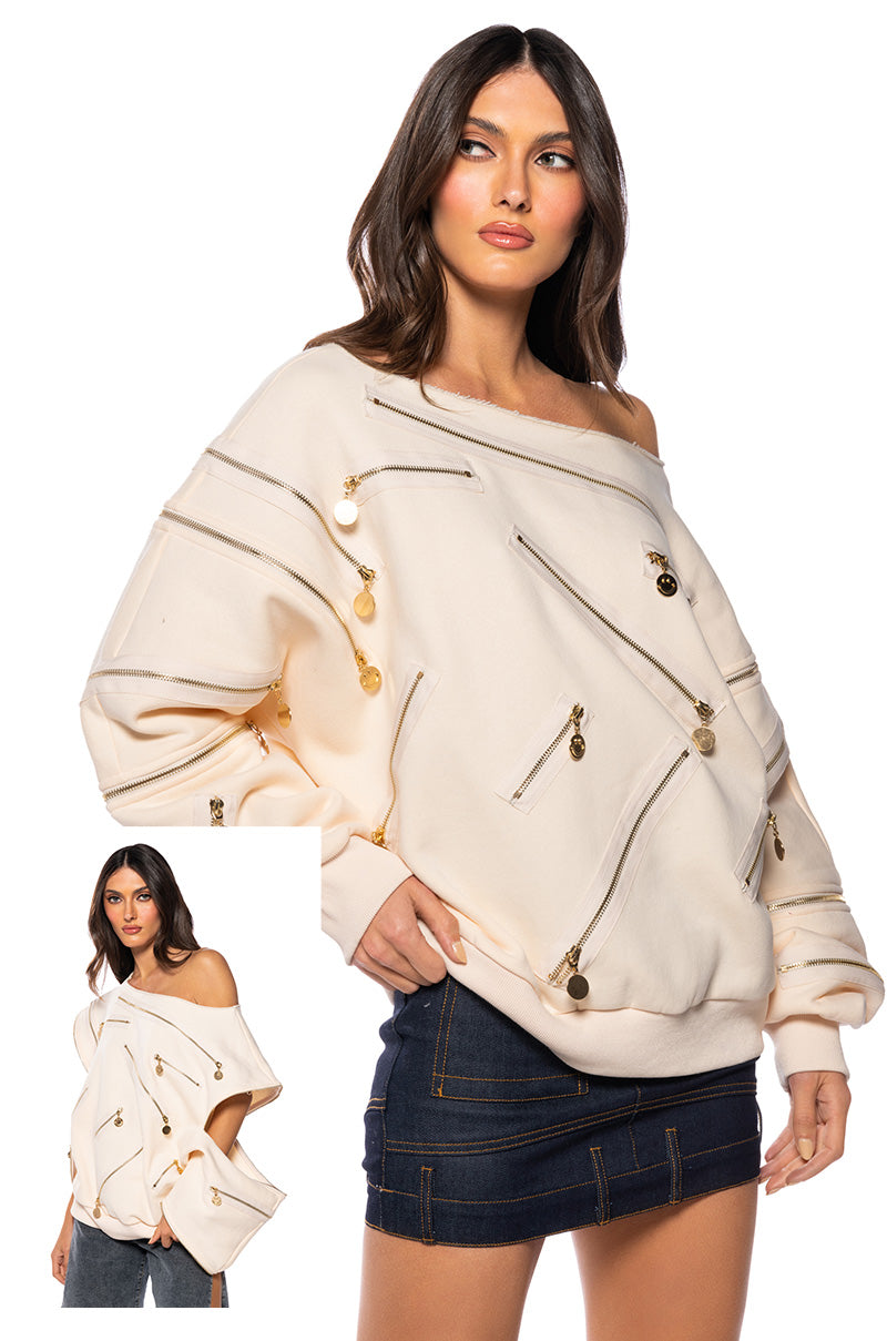 Front View Zip Me Up Off The Shoulder Sweatshirt
