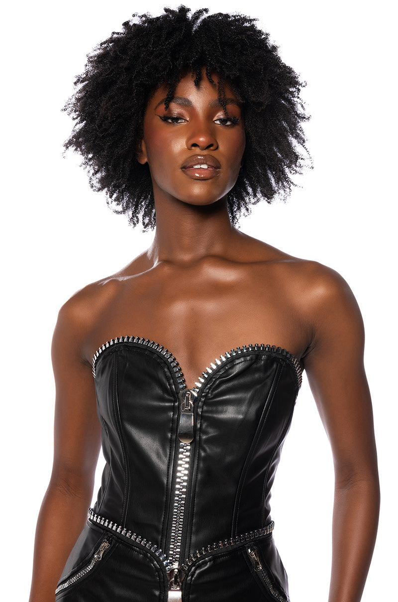 Front View Zipped Up Pu Corset In Black