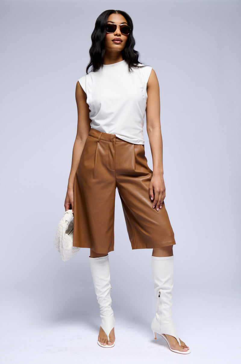 Back View Zoe Long Faux Leather Short In Brown