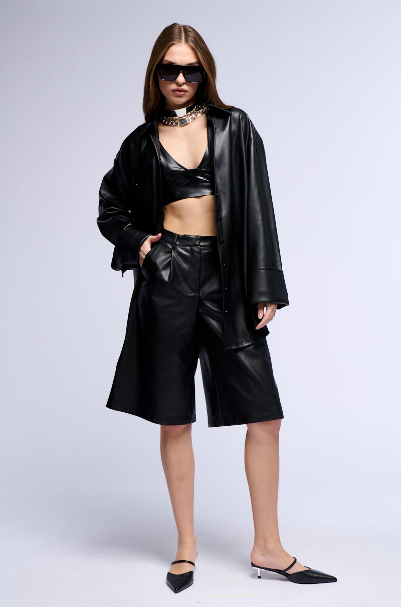 Detail View Zoe Long Faux Leather Shorts In Black