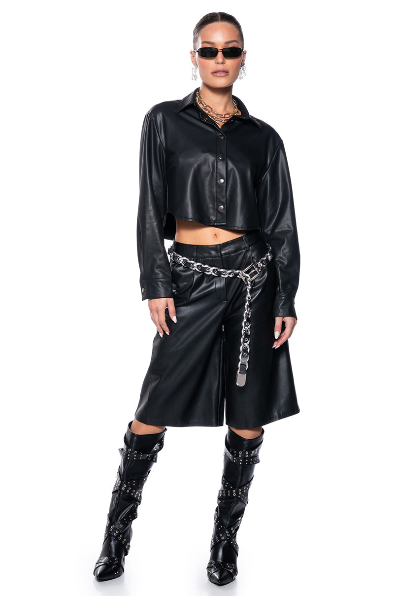 Back View Zoe Long Faux Leather Shorts