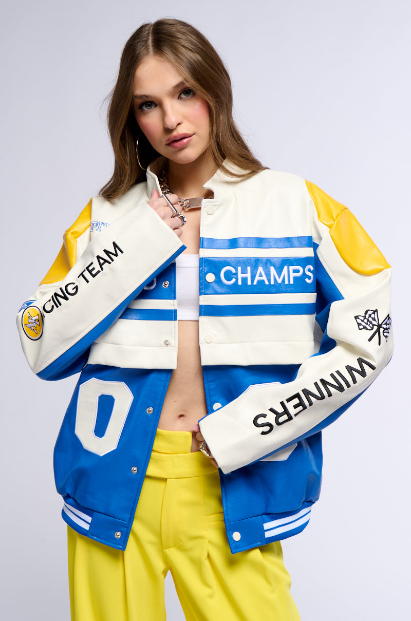 Front View Zoom Zoom Convertible Bomber Jacket In Blue