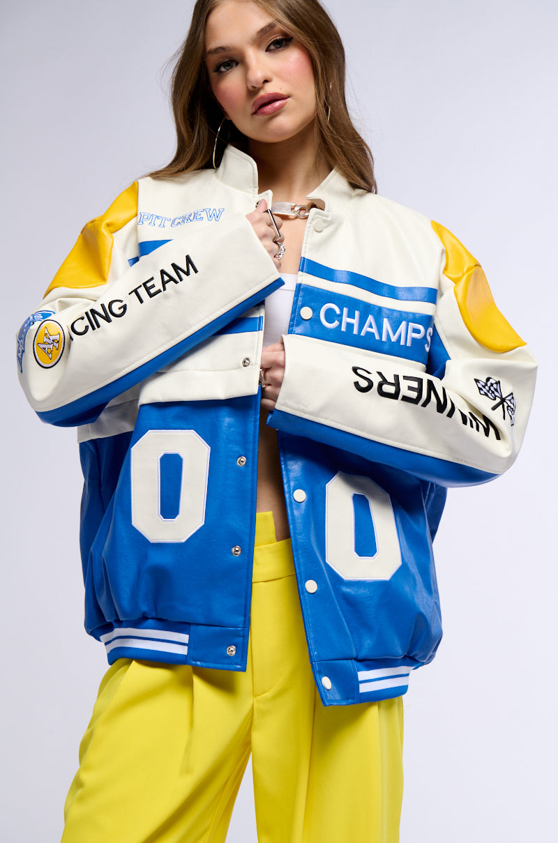 Side View Zoom Zoom Convertible Bomber Jacket In Blue