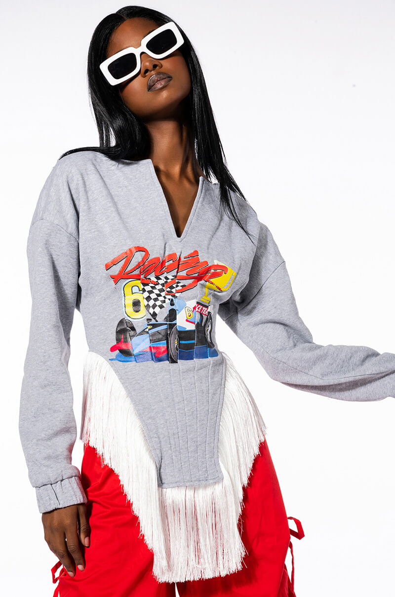 Front View Zoom Zoom Corseted Fringe Sweatshirt
