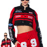 Front View Zoom Zoom Two In One Bomber Skirt Set In Red