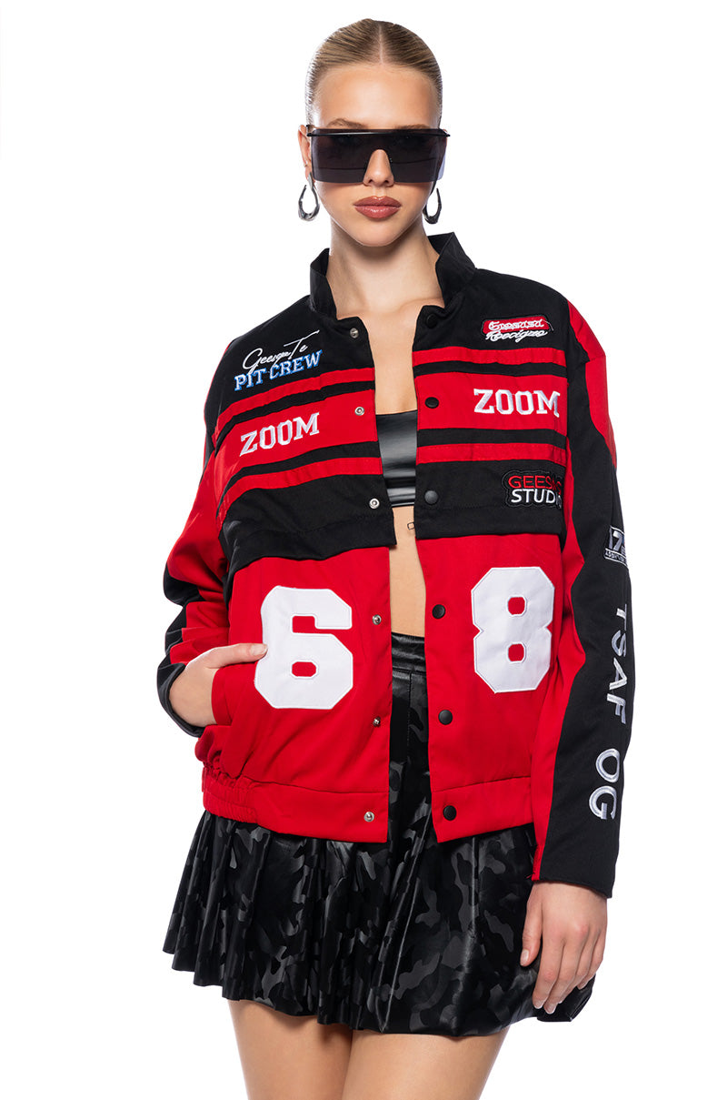 Side View Zoom Zoom Two In One Bomber Skirt Set In Red