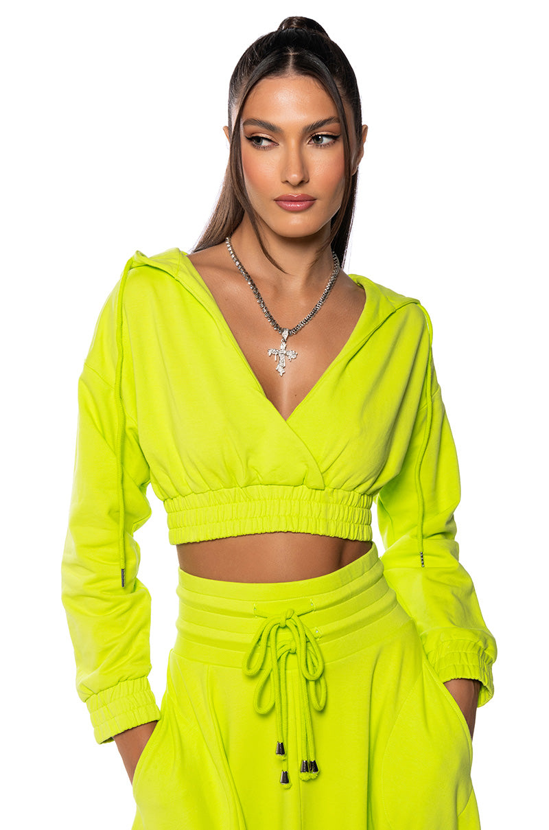 Front View Zumi Cropped Wrap Front Hoodie In Lime
