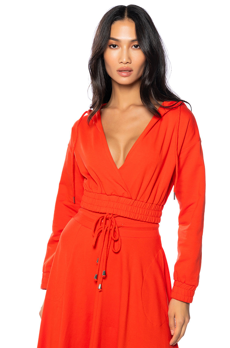 Front View Zumi Cropped Wrap Front Hoodie In Orange