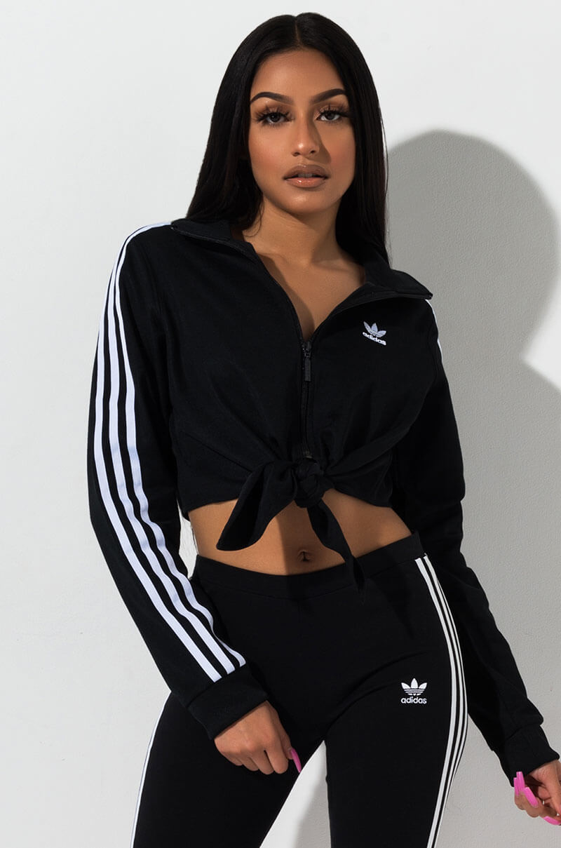 adidas Tie Front Cropped Track Top with Side Stripe Detail in Black