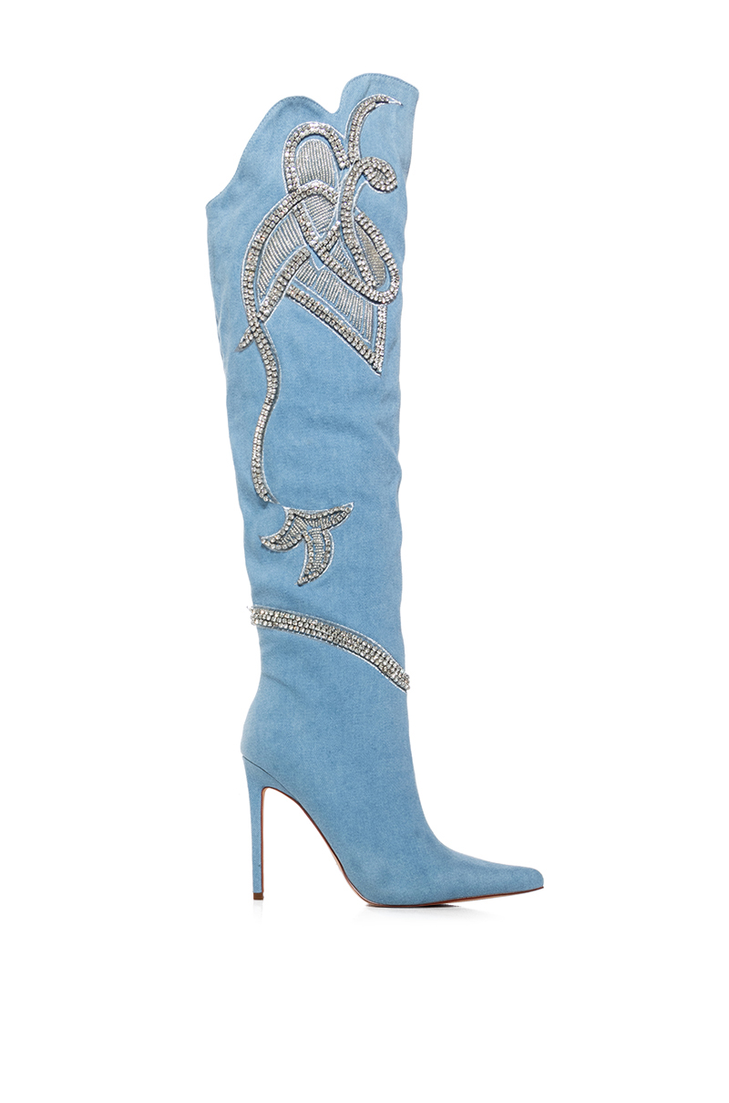 LIVING LEGEND LACE UP OPEN TOE THIGH HIGH BOOT IN DENIM