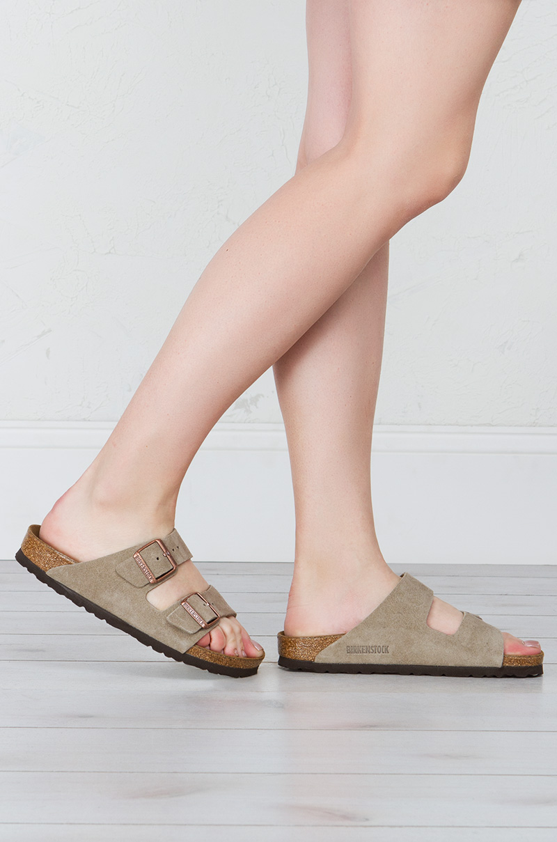 Birkenstock Taupe Arizona Soft Footbed Suede Sandals | Womens Shoes | AKIRA