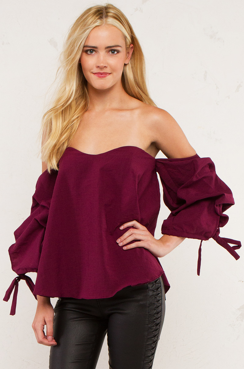 Flowy Off Shoulder Top with Rouched Sleeves in Plum and Mauve