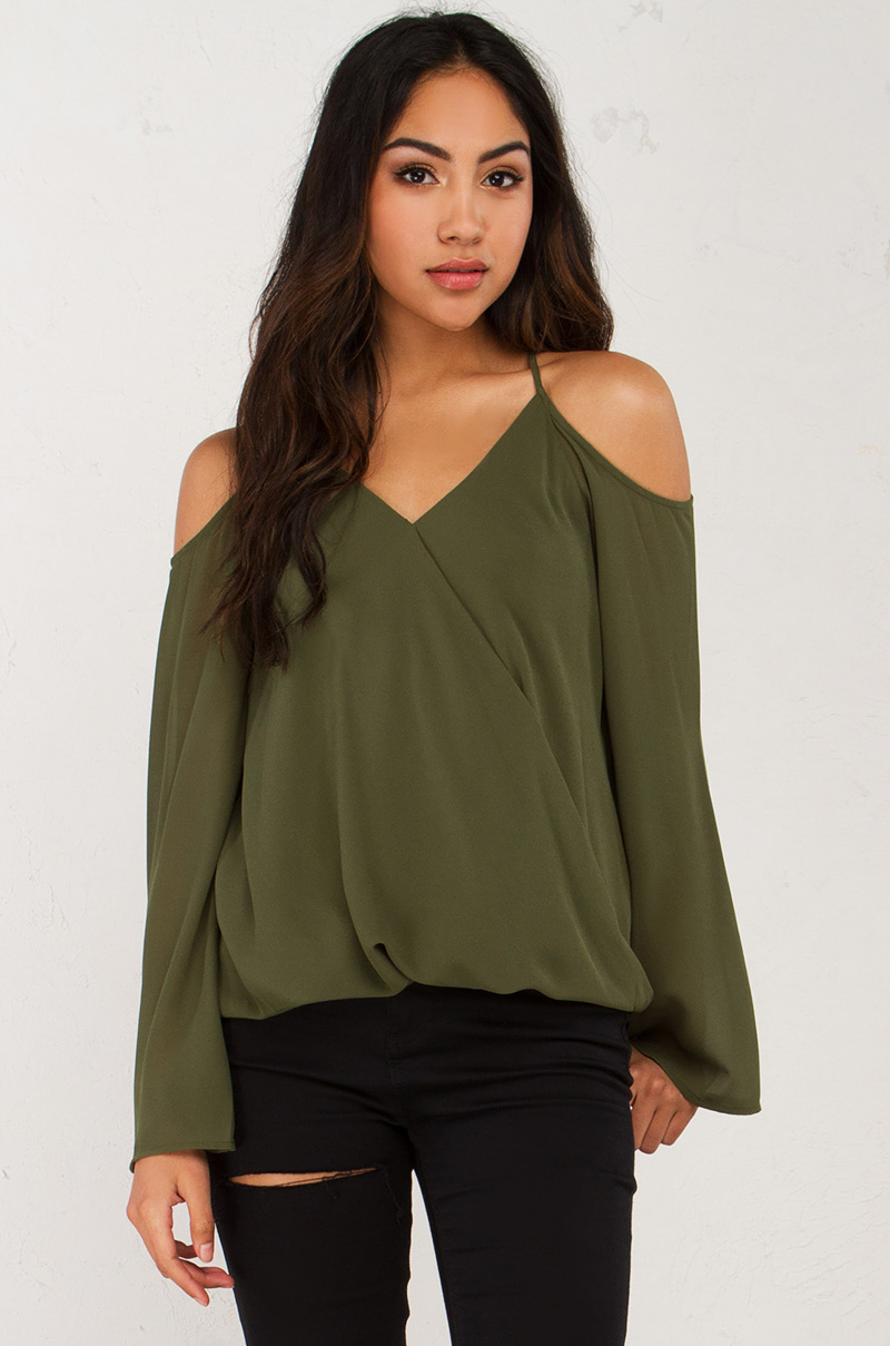 Swoop Front Off Shoulder Top in Cypress and Taupe