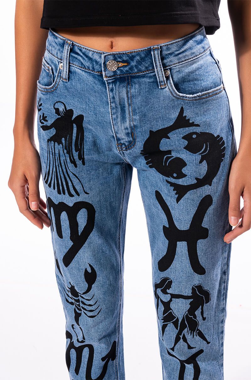 ASTROLOGICAL PRINTED HIGH RISE STRAIGHT LEG JEAN in medium blue denim