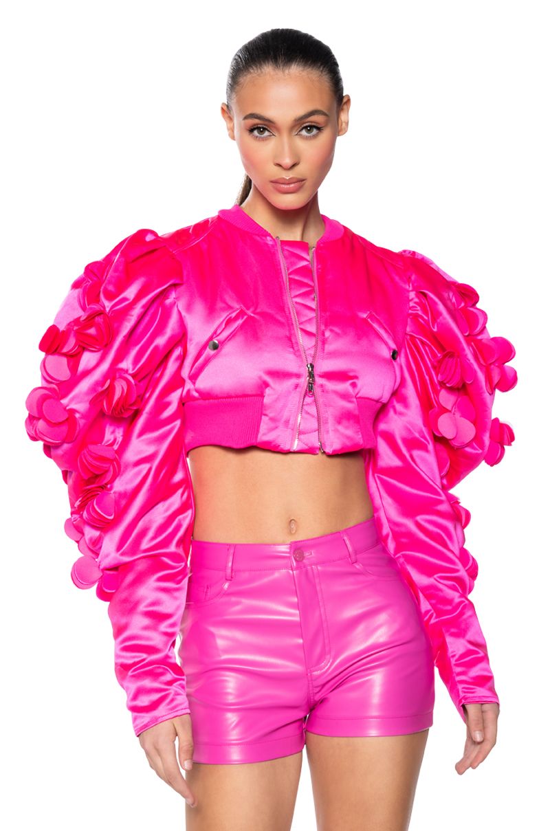 BIRTHDAY HUNNY PUFF SHOULDER CROP BOMBER in pink