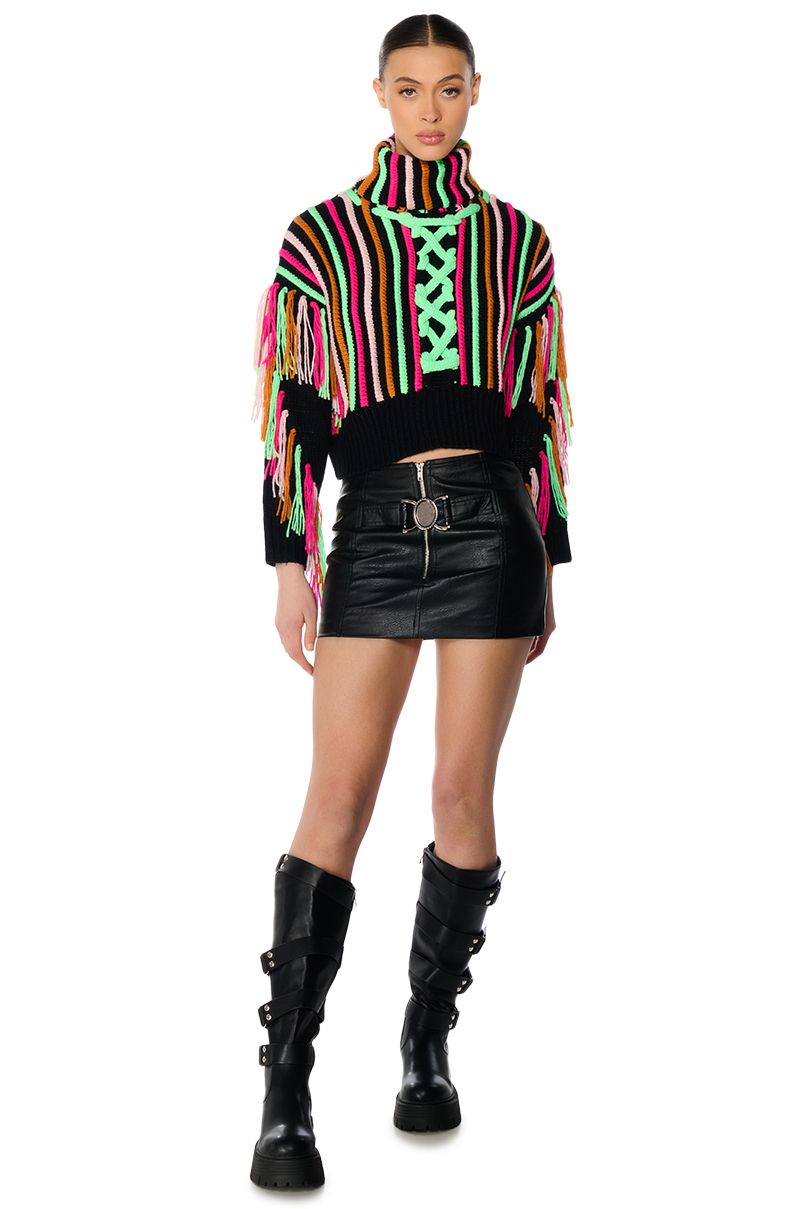 CHECK IT OUT LONG SLEEVE VIBRANT FRINGE DETAIL SWEATER IN BLACK MULTI