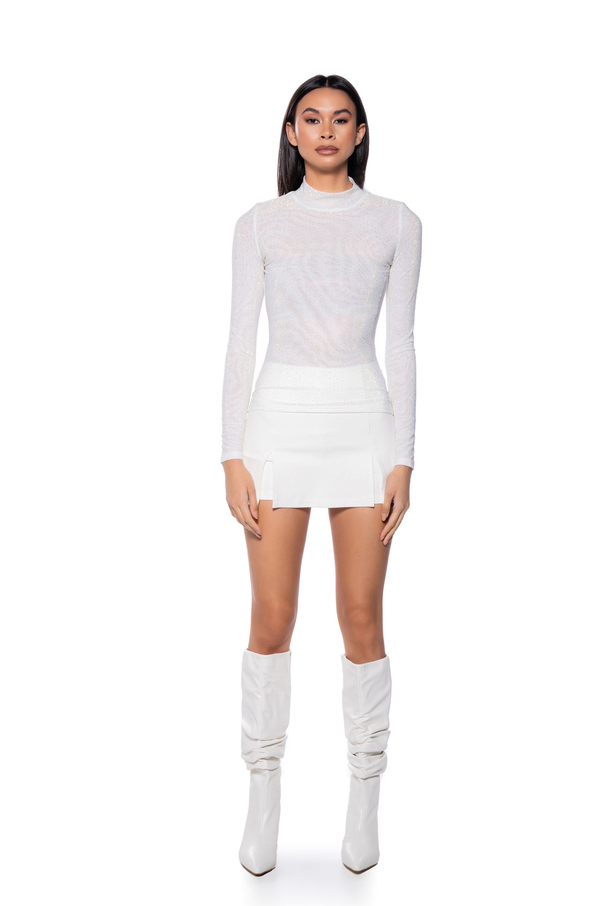 CLARISSA EMBELLISHED LONG SLEEVE MESH TOP IN WHITE
