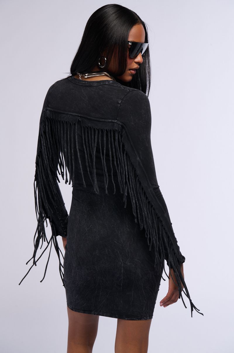 COOL IT COWBOY FRINGE MINI DRESS IN CHARCOAL GREY